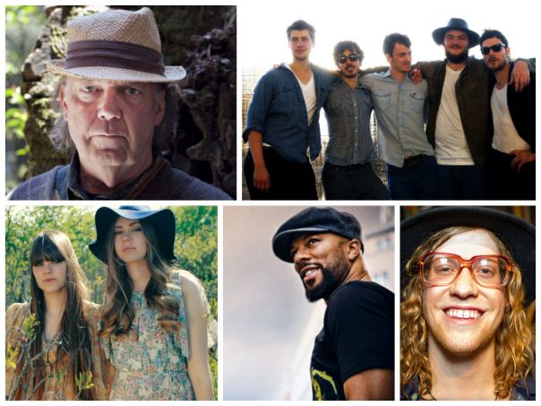 Clockwise from Top Left: Neil Young, Felice Bros, Allen Stone, Common, and The First Aid Kit